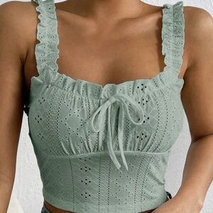 Green Eyelet Ruffle Strap Top